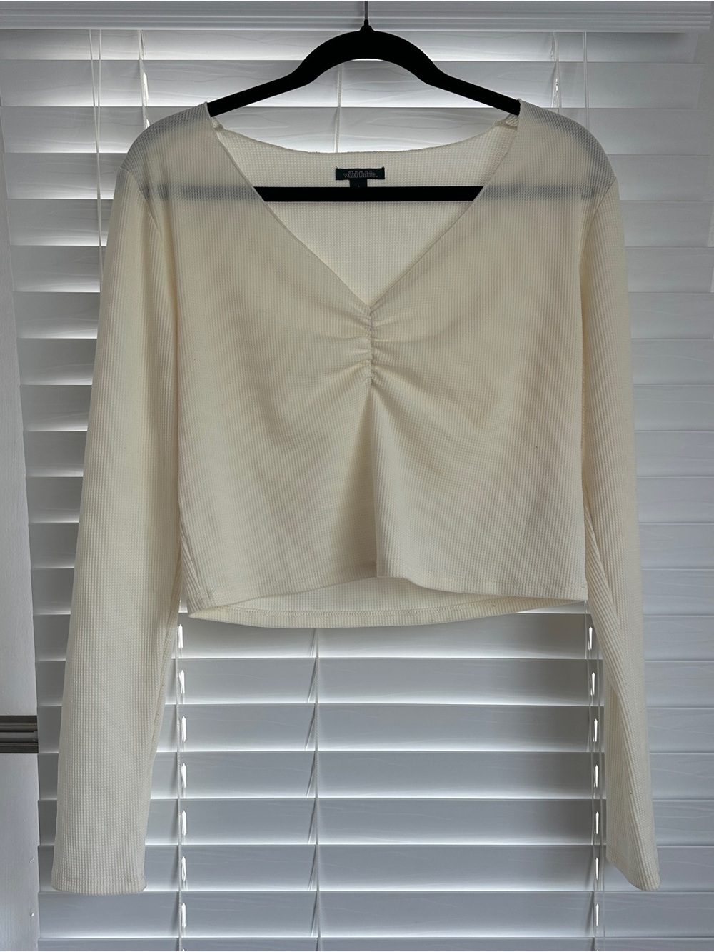 Wild Fabled Cream Waffle Knit V-Neck Long Sleeve Top
